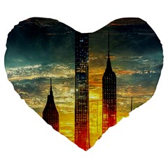 New York City Sunset Dusk Twilight Large 19  Premium Heart Shape Cushions by Wegoenart