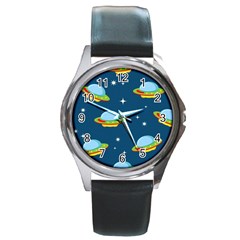 Seamless Pattern Ufo With Star Space Galaxy Background Round Metal Watch by Wegoenart