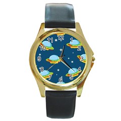 Seamless Pattern Ufo With Star Space Galaxy Background Round Gold Metal Watch by Wegoenart