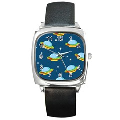 Seamless Pattern Ufo With Star Space Galaxy Background Square Metal Watch by Wegoenart