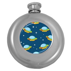 Seamless Pattern Ufo With Star Space Galaxy Background Round Hip Flask (5 Oz) by Wegoenart