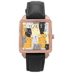 Seamless Pattern Cute Cat Cartoons Rose Gold Leather Watch  by Wegoenart