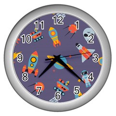 Space Seamless Pattern Wall Clock (silver) by Wegoenart