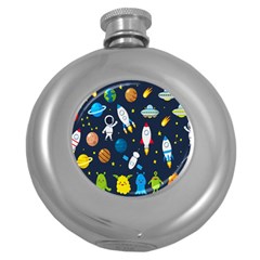 Big Set Cute Astronaut Space Planet Star Alien Rockets Ufo Constellation Satellite Moon Round Hip Flask (5 Oz) by Wegoenart