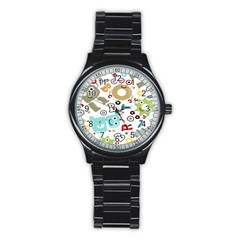 Seamless Pattern Vector With Funny Robot Cartoon Stainless Steel Round Watch by Wegoenart