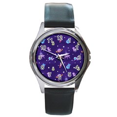 Space Seamless Pattern Round Metal Watch by Wegoenart