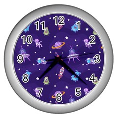 Space Seamless Pattern Wall Clock (silver) by Wegoenart