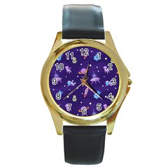 Space Seamless Pattern Round Gold Metal Watch by Wegoenart