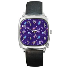 Space Seamless Pattern Square Metal Watch by Wegoenart