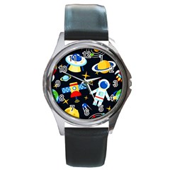 Space Seamless Pattern ---- Round Metal Watch by Wegoenart