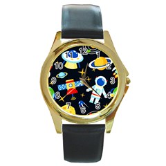 Space Seamless Pattern ---- Round Gold Metal Watch by Wegoenart