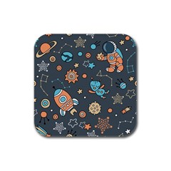 Rocketship Astronaut Space Seamless Pattern Rubber Square Coaster (4 Pack) by Wegoenart