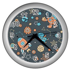 Rocketship Astronaut Space Seamless Pattern Wall Clock (silver) by Wegoenart