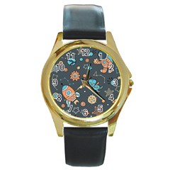 Rocketship Astronaut Space Seamless Pattern Round Gold Metal Watch by Wegoenart