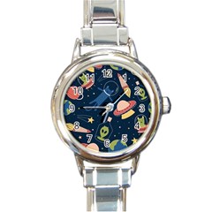 Seamless Pattern With Funny Alien Cat Galaxy Round Italian Charm Watch by Wegoenart