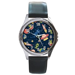 Seamless Pattern With Funny Alien Cat Galaxy Round Metal Watch by Wegoenart