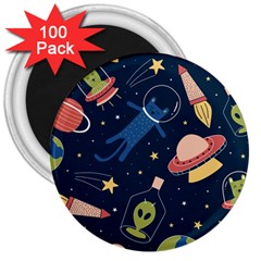 Seamless Pattern With Funny Alien Cat Galaxy 3  Magnets (100 Pack) by Wegoenart