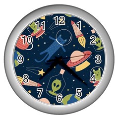 Seamless Pattern With Funny Alien Cat Galaxy Wall Clock (silver) by Wegoenart