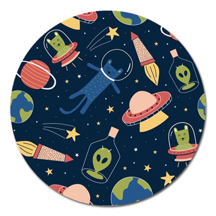 Seamless Pattern With Funny Alien Cat Galaxy Magnet 5  (Round)