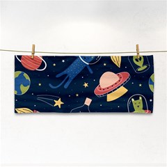 Seamless Pattern With Funny Alien Cat Galaxy Hand Towel by Wegoenart