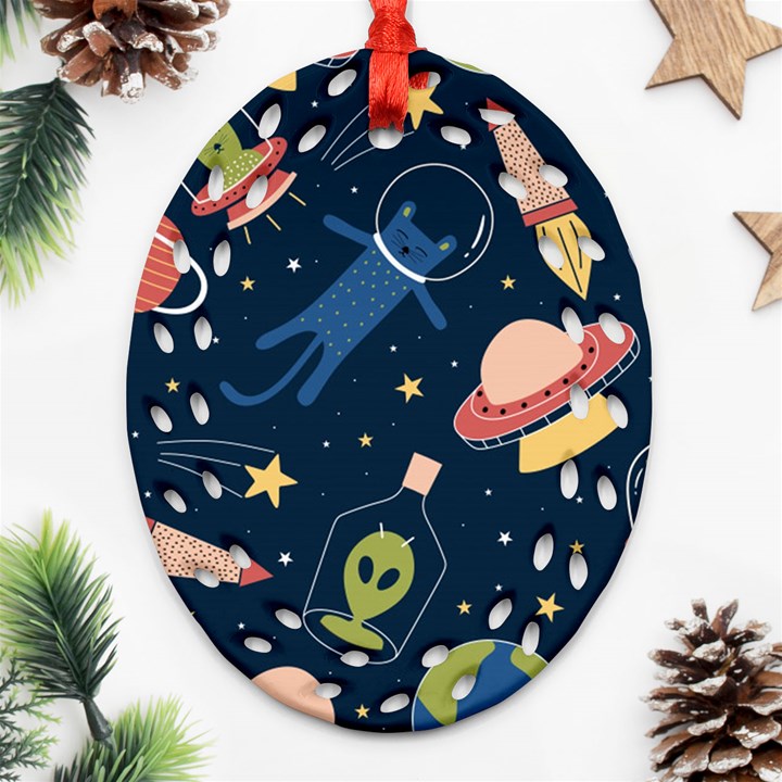 Seamless Pattern With Funny Alien Cat Galaxy Ornament (Oval Filigree)