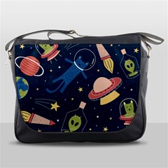 Seamless Pattern With Funny Alien Cat Galaxy Messenger Bag by Wegoenart