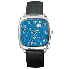 Rocket Ship Space Seamless Pattern Square Metal Watch by Wegoenart