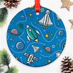 Rocket Ship Space Seamless Pattern Round Ornament (two Sides) by Wegoenart