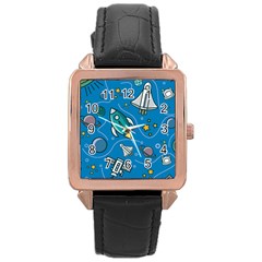 Rocket Ship Space Seamless Pattern Rose Gold Leather Watch  by Wegoenart