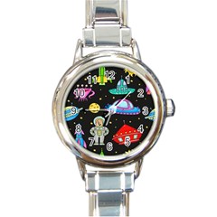 Seamless Pattern With Space Object Ufo Rocket Alien Hand Drawn Element Space Round Italian Charm Watch by Wegoenart