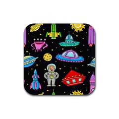 Seamless Pattern With Space Object Ufo Rocket Alien Hand Drawn Element Space Rubber Coaster (square) by Wegoenart