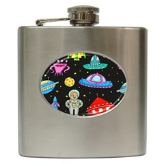 Seamless Pattern With Space Object Ufo Rocket Alien Hand Drawn Element Space Hip Flask (6 Oz) by Wegoenart