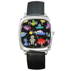 Seamless Pattern With Space Object Ufo Rocket Alien Hand Drawn Element Space Square Metal Watch by Wegoenart