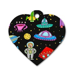 Seamless Pattern With Space Object Ufo Rocket Alien Hand Drawn Element Space Dog Tag Heart (one Side) by Wegoenart