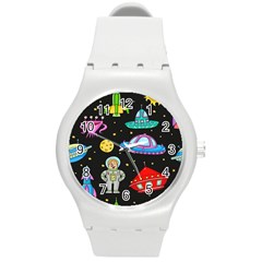 Seamless Pattern With Space Object Ufo Rocket Alien Hand Drawn Element Space Round Plastic Sport Watch (m) by Wegoenart