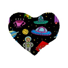 Seamless Pattern With Space Object Ufo Rocket Alien Hand Drawn Element Space Standard 16  Premium Flano Heart Shape Cushions by Wegoenart