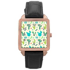 Cactus Succulent Floral Seamless Pattern Rose Gold Leather Watch  by Wegoenart