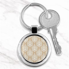 Clean Brown And White Ornament Damask Vintage Key Chain (round) by ConteMonfrey