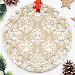 Clean Brown And White Ornament Damask Vintage Round Filigree Ornament (two Sides) by ConteMonfrey