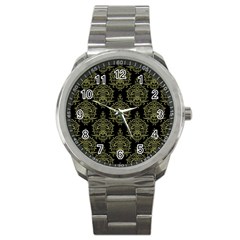 Black And Green Ornament Damask Vintage Sport Metal Watch by ConteMonfrey