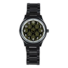 Black And Green Ornament Damask Vintage Stainless Steel Round Watch by ConteMonfrey