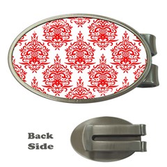 White And Red Ornament Damask Vintage Money Clips (oval)  by ConteMonfrey