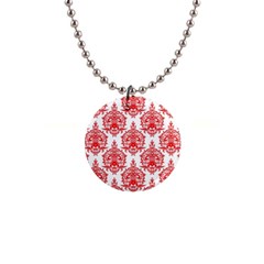 White And Red Ornament Damask Vintage 1  Button Necklace by ConteMonfrey