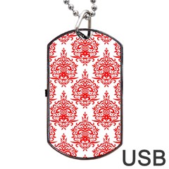 White And Red Ornament Damask Vintage Dog Tag Usb Flash (two Sides) by ConteMonfrey