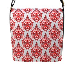 White And Red Ornament Damask Vintage Flap Closure Messenger Bag (l) by ConteMonfrey