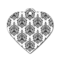 Black And White Ornament Damask Vintage Dog Tag Heart (one Side) by ConteMonfrey