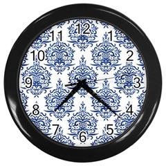 Blue And White Ornament Damask Vintage Wall Clock (black) by ConteMonfrey