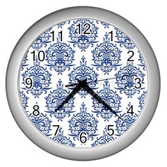 Blue And White Ornament Damask Vintage Wall Clock (silver) by ConteMonfrey