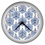 Blue And White Ornament Damask Vintage Wall Clock (Silver) Front