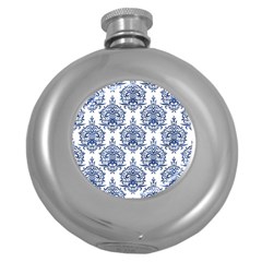 Blue And White Ornament Damask Vintage Round Hip Flask (5 Oz) by ConteMonfrey